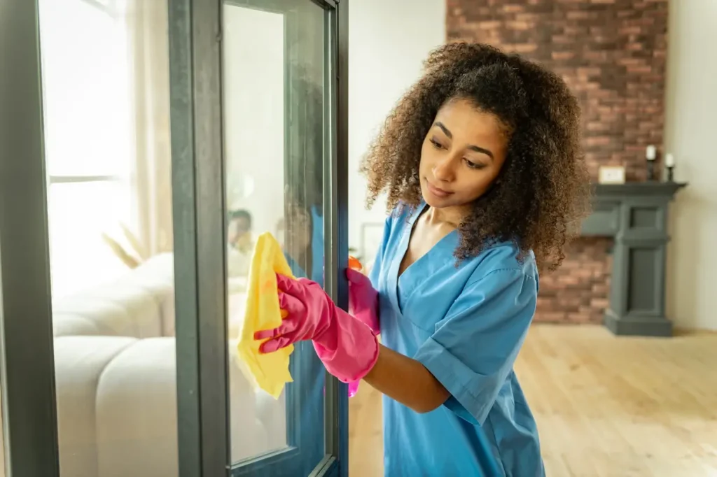 Woman cleaning a window in a participants home